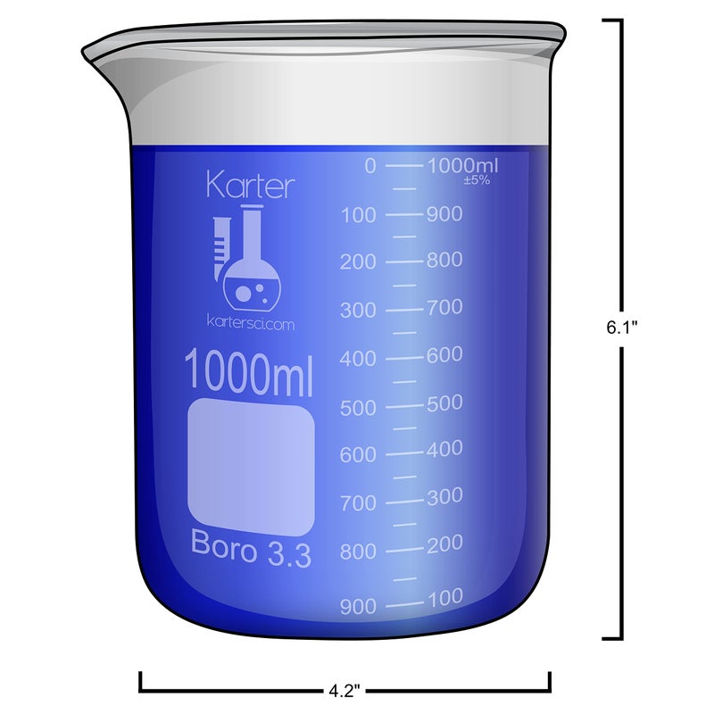 Karter Scientific 1000ml Beaker, Low Form Griffin, Boro. 3.3 Glass, Double Scale, Graduated, Karter Scientific 213D27 (Single) - Image 4